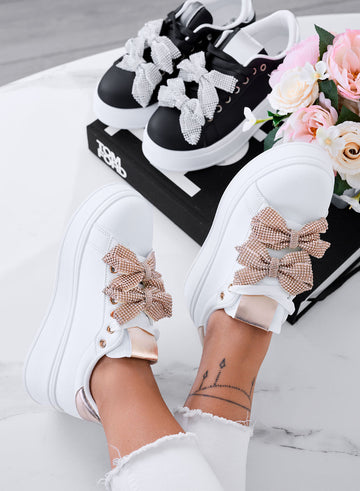 DEZZY - Zapatillas blancas con lazos de strass en oro rosa