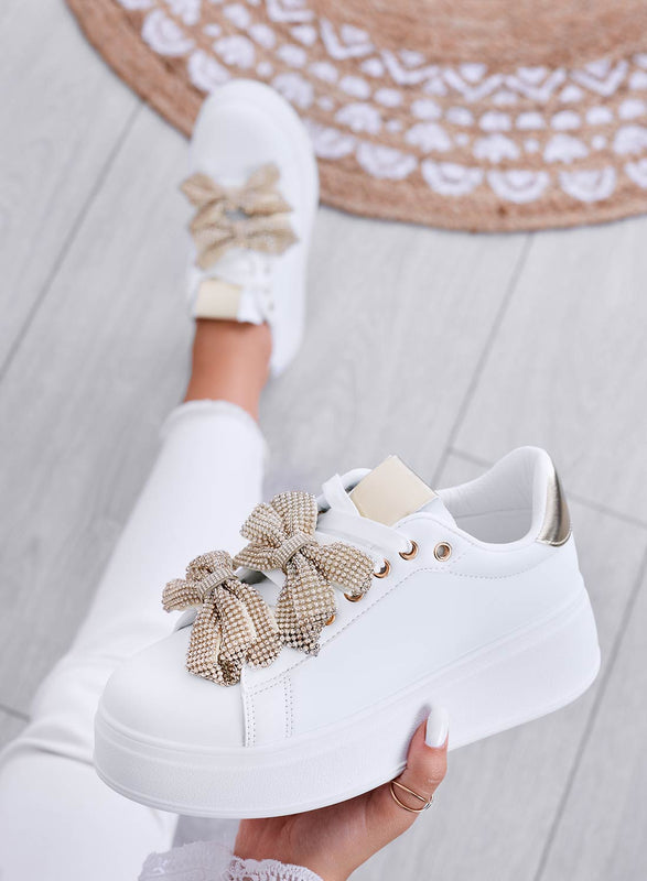 DEZZY - Zapatillas blancas con lazos de strass dorados