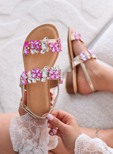 DIAMOND - Sandalias fucsia bajas con piedras joya y correa