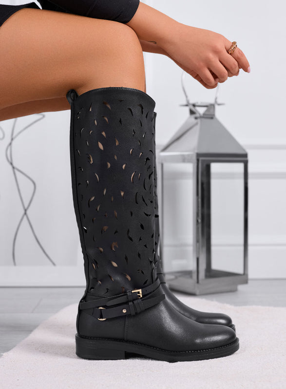 DIANA - Botas negras para mujer perforadas con cinturón
