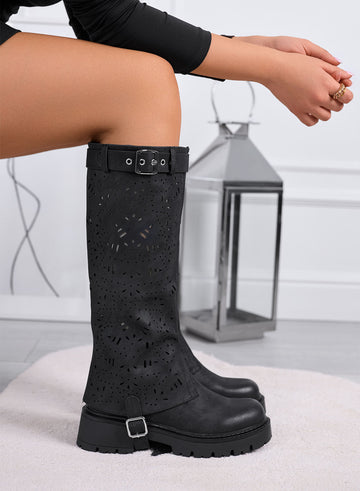 DOROTHY - Black perforated 2-in-1 boots with removable shaft