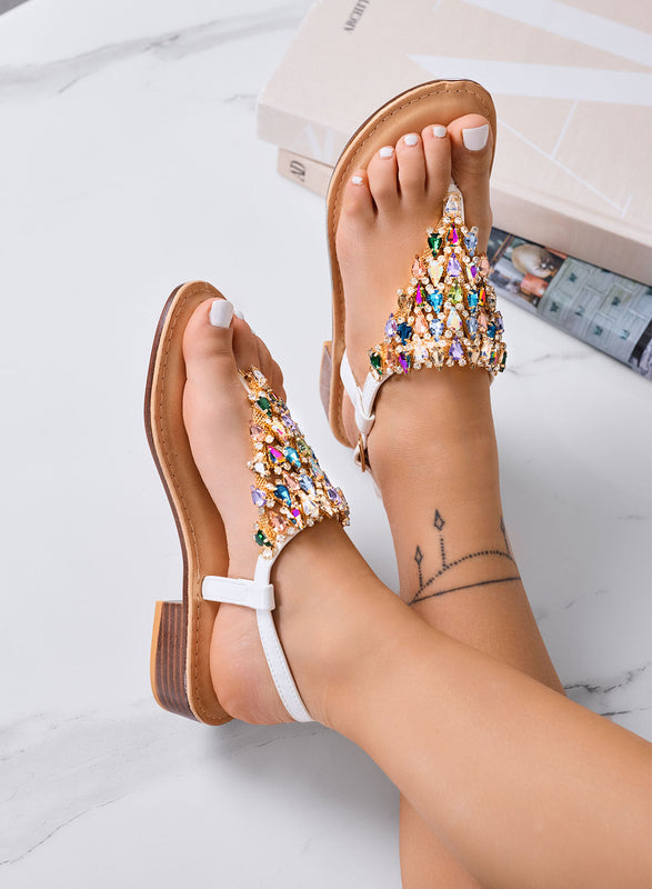 EDDIE - Sandalias joya blancas bajas con piedras multicolores