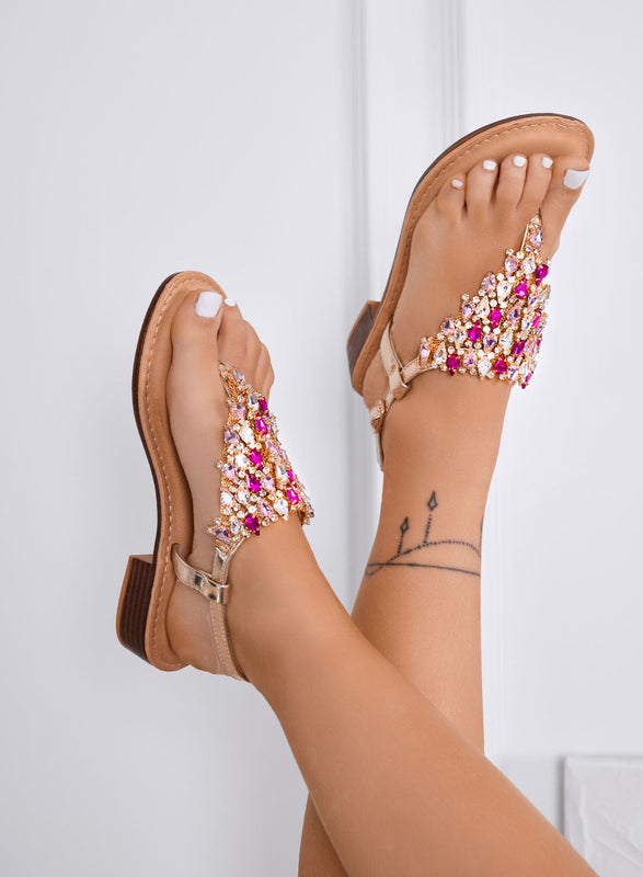 EDDIE - Sandalias joya doradas bajas con piedras fucsias