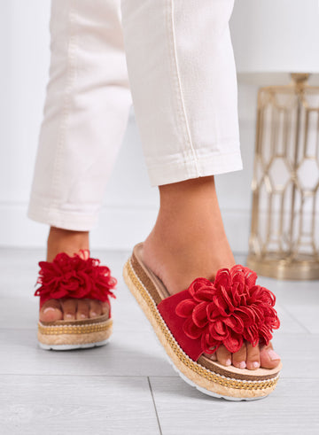 ELEONORA - Red sandals with maxi flower and rope platform sole