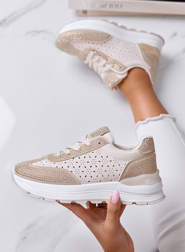 ELISA - Sneakers Beige con Strass e Dettagli Traforati