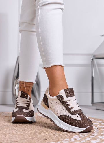 ELISA - Sneakers Beige e Marrone con Strass e Dettagli Traforati