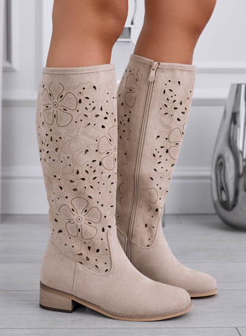 Beige mid-calf perforated suede boots