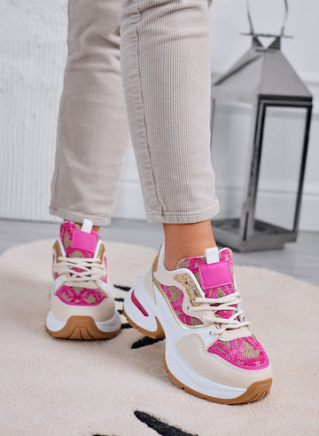 ENEA - Zapatillas beige con inserciones de tela fucsia