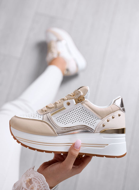 ENEA - Beige Sneakers with Side Zip and Gold Details