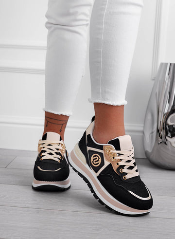 ERSILIA - Zapatillas negras de tela con inserciones beige