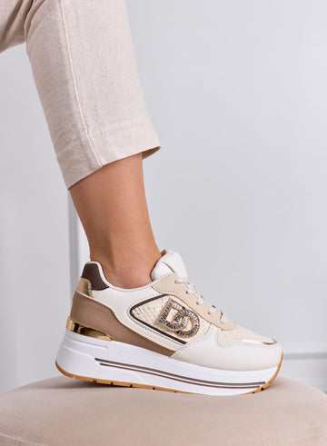 ESTER - Sneakers beige Platform con Dettagli marroni e Logo Gioiello