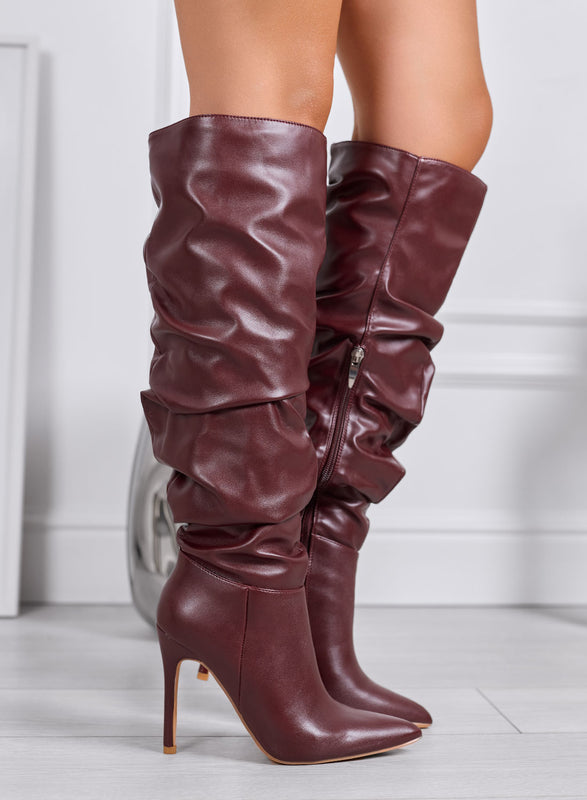FATIMA - Bottes hautes bordeaux plissées à talon aiguille