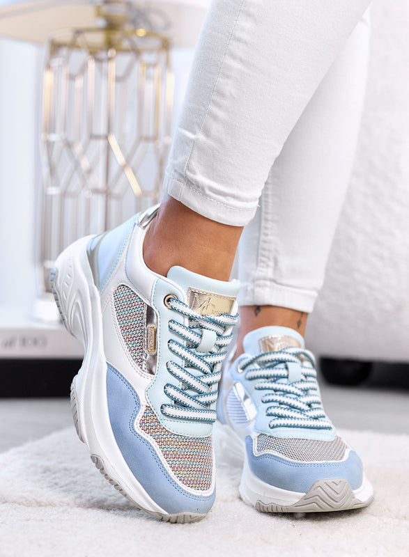 FELICIA - Blue Sneakers with Woven Fabric Inserts and Chunky Sole