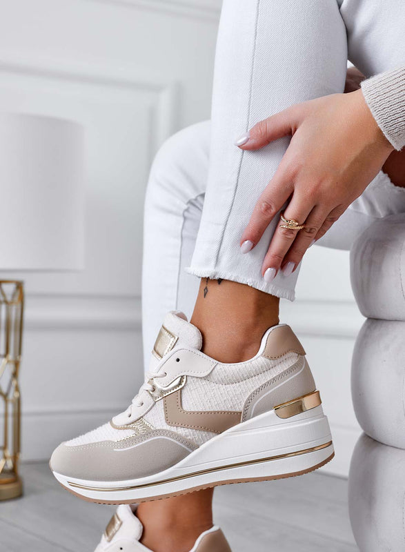 FIONA - Zapatillas beige con paneles en contraste y cuña