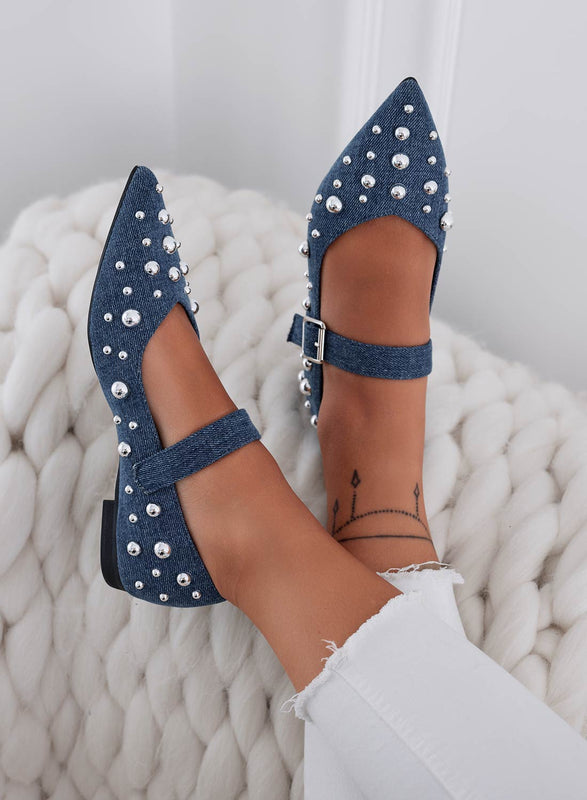 FRANCA - Blue denim pointed ballerinas with silver sphere studs