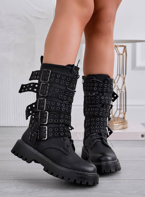 GENEVIEVE - Botas biker negras con hebillas