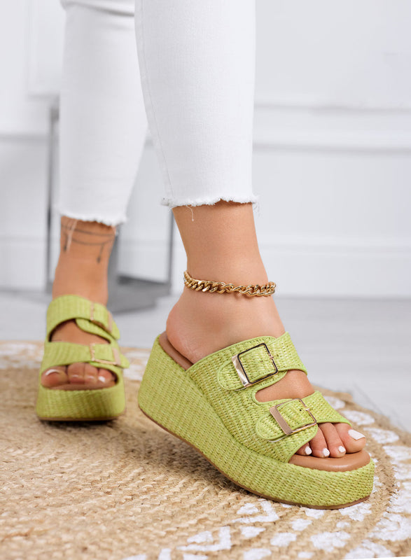 GINA - Green platform slide sandals with double buckle