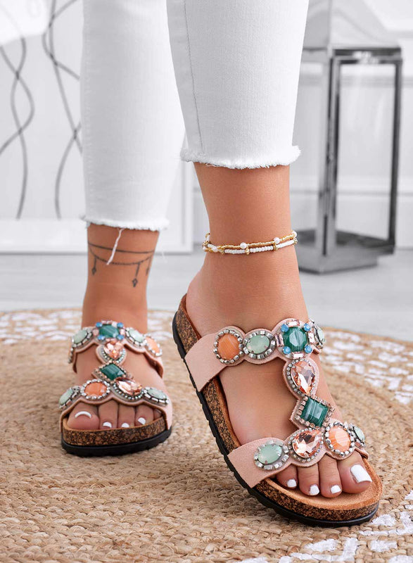 GIOIA - Flat pink slide sandals with multicolor stones