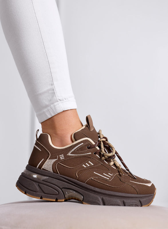 GIORGIA - Zapatillas marrones chunky con suela alta y cordones bicolor