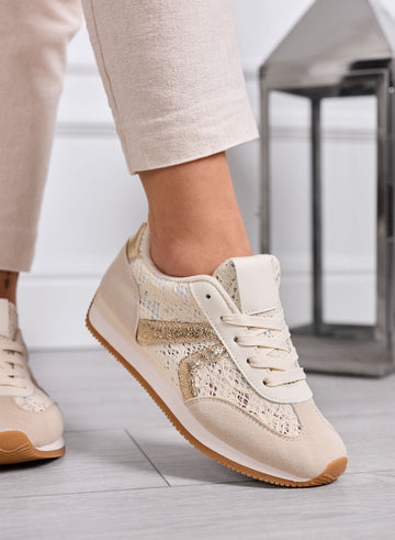 GIULIANA - Beige sneakers with lace and gold inserts