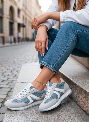 GIULIANA - Zapatillas grises con encaje azul y detalles rosas