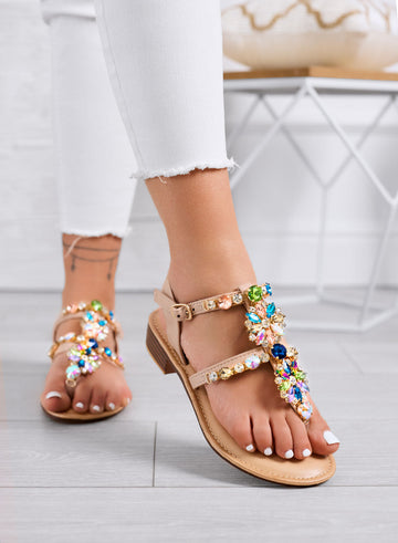 GIULY - Sandalias beige planas con piedras de joya multicolores