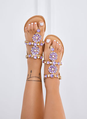 GIULY - Sandalias bajas doradas con piedras joya moradas