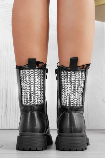 Black combat ankle boots with laces and jewel detail on the back