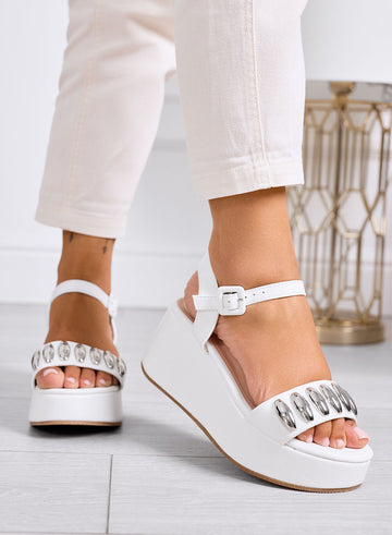GWENDA - White platform sandals with large silver studs and ankle strap