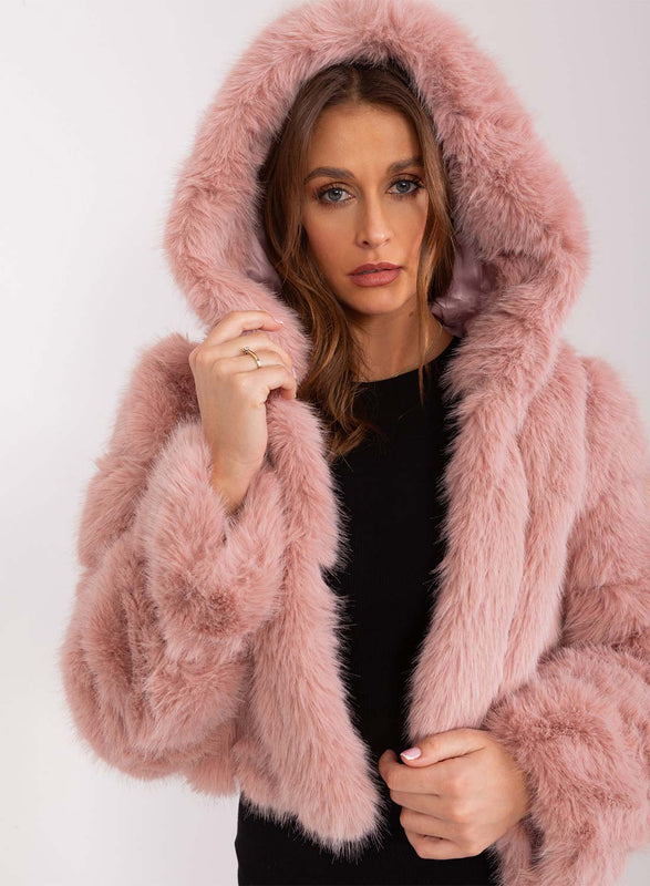 Chaqueta corta de eco-pelusa con capucha de pelo largo rosa