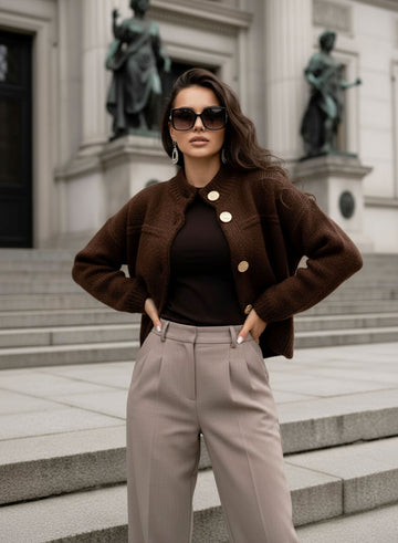 Chaqueta cárdigan marrón con botones dorados