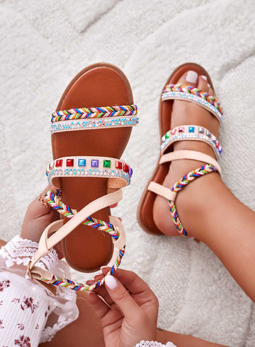 HENRY - Low beige sandals with rhinestones and multicolor studs