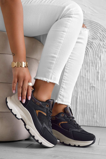 INDY - Black sneakers with glitter and brown inserts