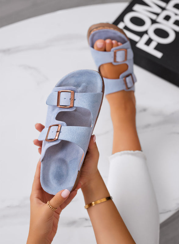 INES - Sandalias Zapatillas azules de ante con hebillas y suela cómoda de corcho