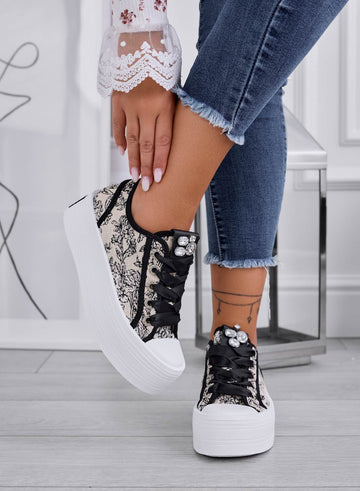 INGRID - Deportivas beige estampadas con strass y suela alta