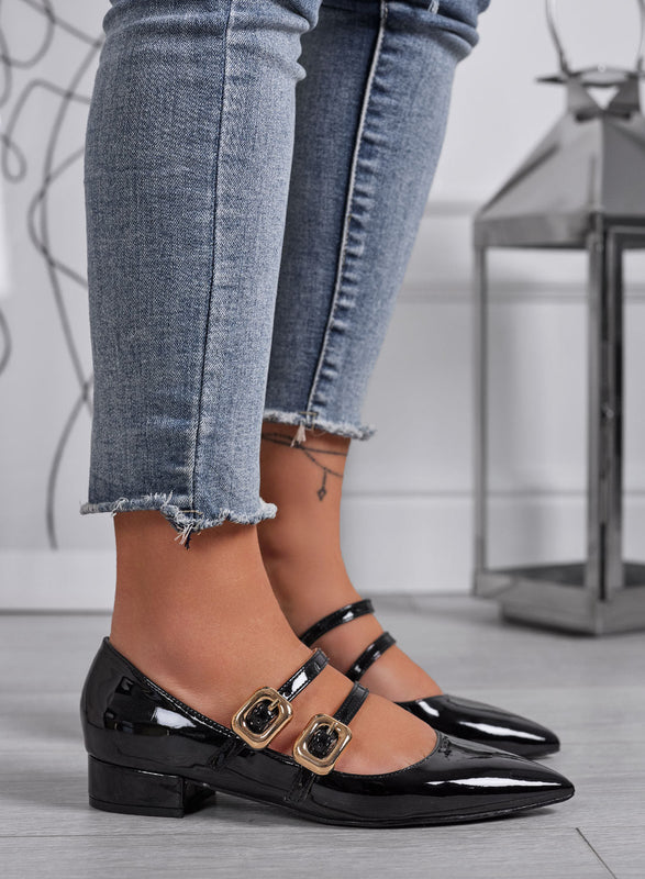 IOLE - Zapatos Mary Jane negros en charol con doble hebilla dorada