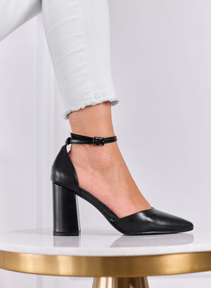 IRENE - Zapatos de Tacón Negros con Correa al Tobillo y Tacón Ancho
