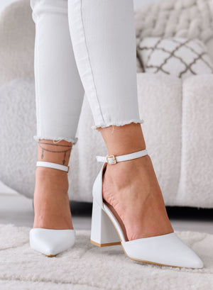 IRENE - Zapatos de tacón blancos con correa al tobillo y tacón ancho