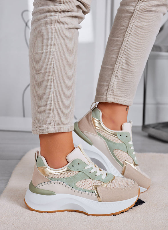 IRIS - Zapatillas verdes con insertos en tejido beige