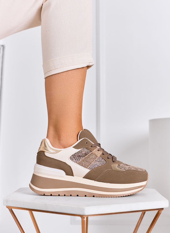 ISOTTA - Sneakers fango con dettagli glitter oro e zeppa