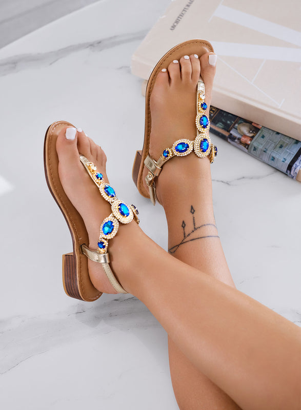 JACKIE - Sandales bijoux plats dorés avec pierres bleues en T