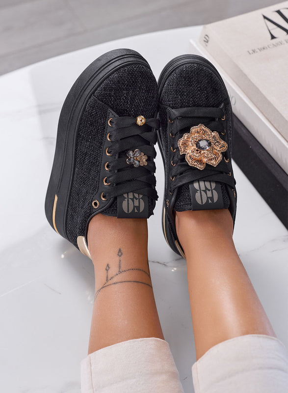 JANIS - Sneakers Donna nere con Fiore Gioiello e Suola Platform