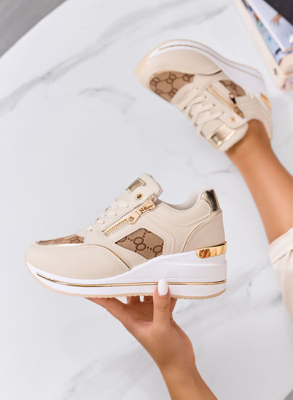 JERSEY - Zapatillas beige con cremallera dorada e inserciones monograma