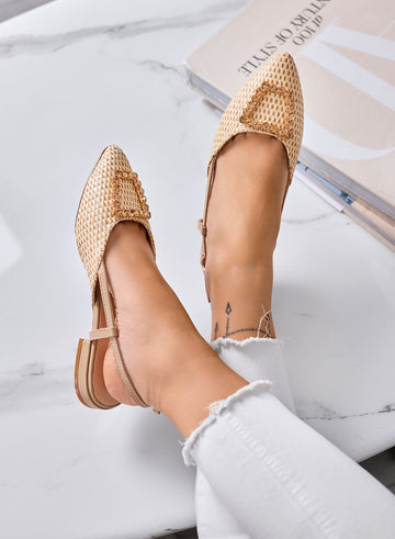 JONES - Bailarinas beige slingback con punta en V y broche joya