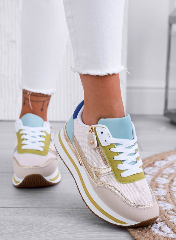 JOYCE - Sneakers beige con inserti oro e zip laterale
