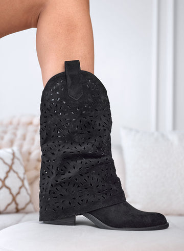 JUILLET - Bottines camperos noires en daim perforé avec revers