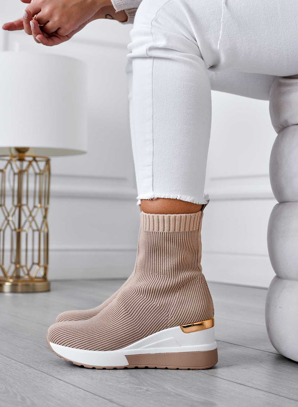 JUNA - Bottines beiges en tissu élastique avec semelle compensée