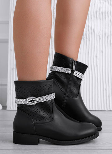 KATE - Black perforated ankle boots with jeweled strap