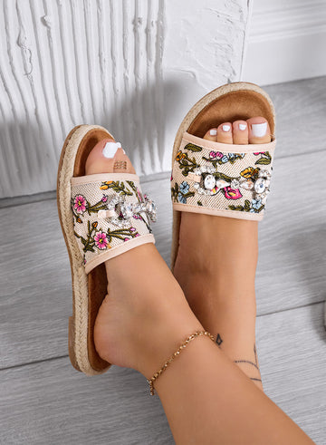 KATIA - Sandalias beige con estampado floral y piedras joya