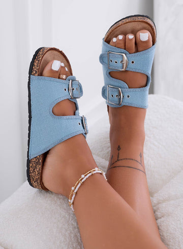 KETTY - Sandalias de tela azul claro con hebillas